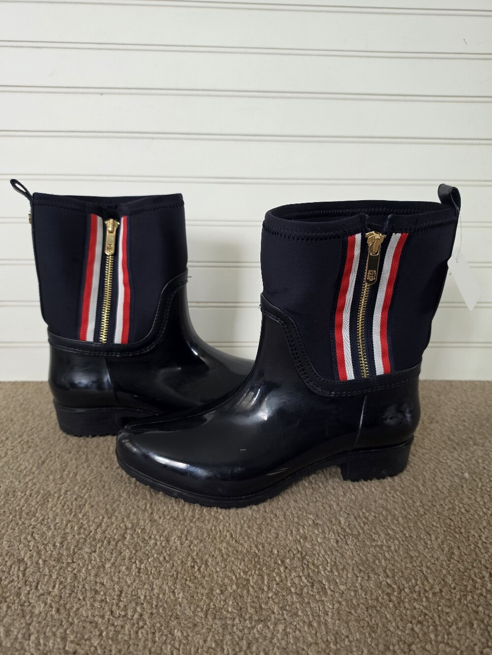 Tommy Hilfiger Navy Rain Ankle Boots with Red/White Stripe Accent